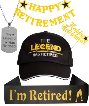 Happy Retirement Banner, The Legend has Retired Sash and Hat/ Baseball Cap Gold, The