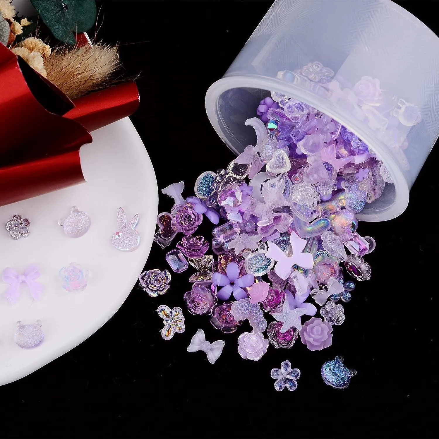 100 Pieces 3D Resin Butterfly Bear Nail Charms Rose Flower Peach Skirt Bow Deer Snake Rabbit Animal Shaped Nail Art Rhinestones Pearls for DIY Nail