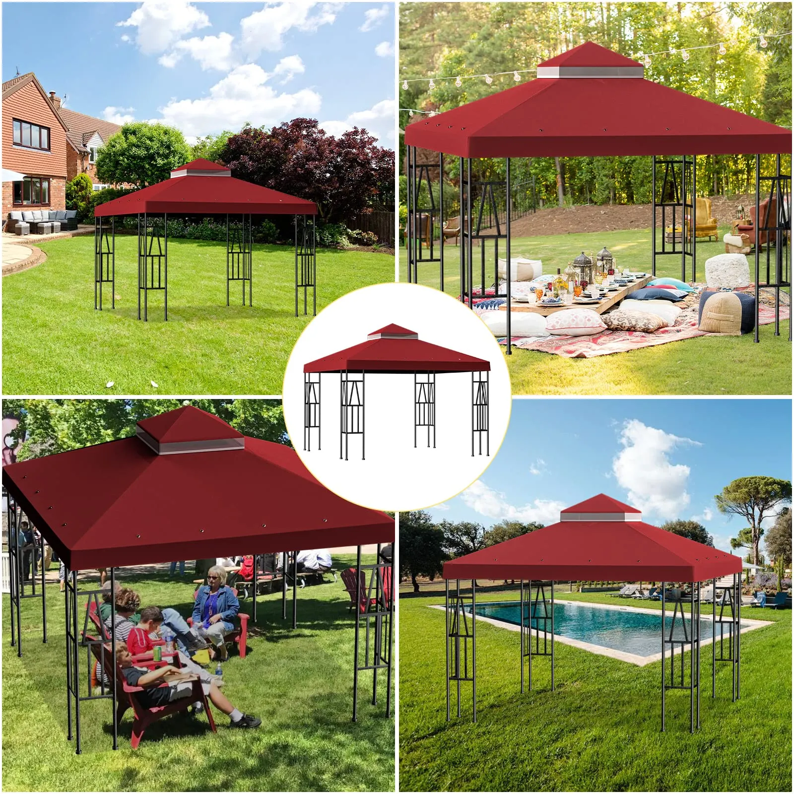 10'x10' Replacement Canopy Top Cover Only for Gazebo, Double Tiered Gazebo Covers for Outdoor Patio Garden Canopy(Red)