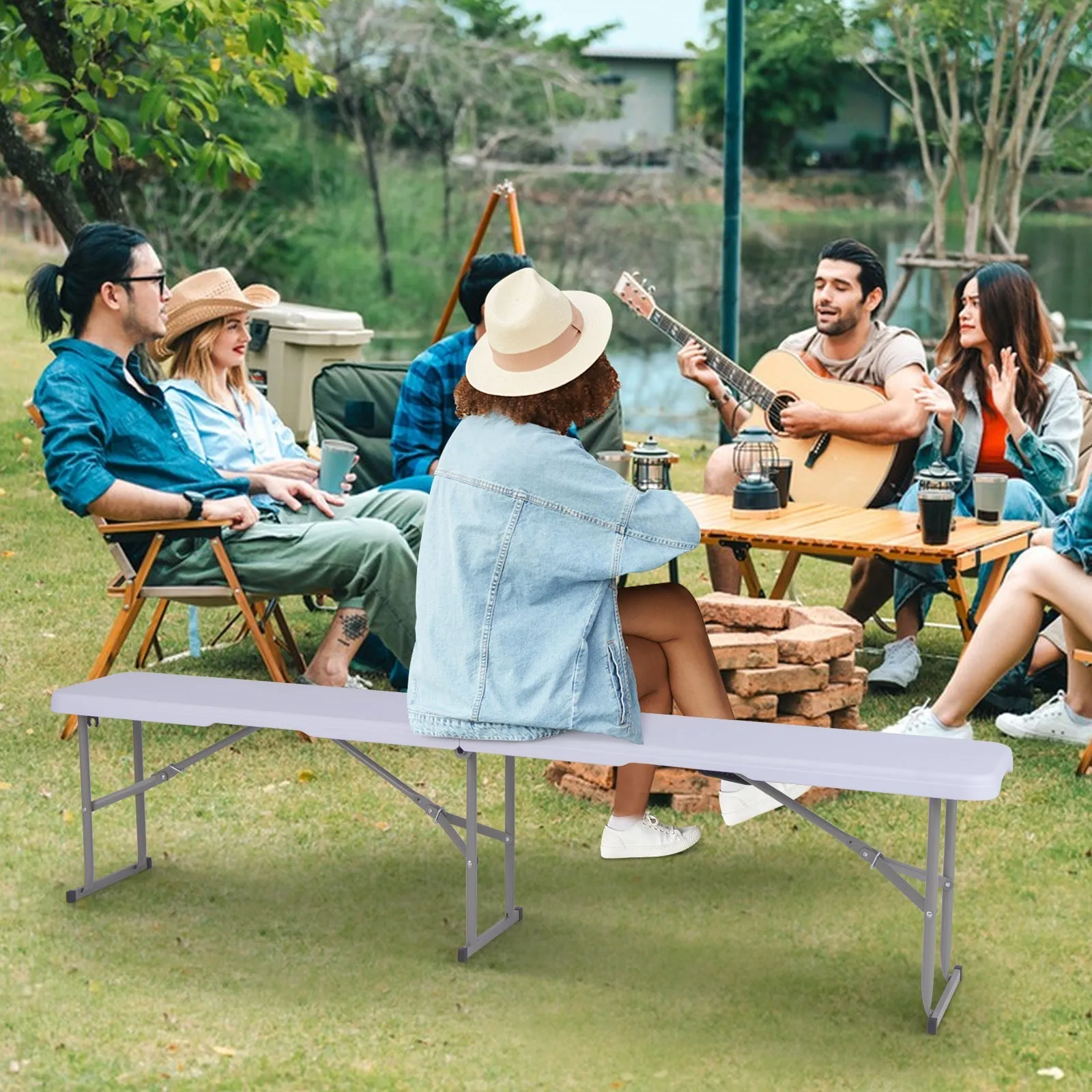 182 cm Portable Folding Plastic Bench Seat with Carry Handle-White