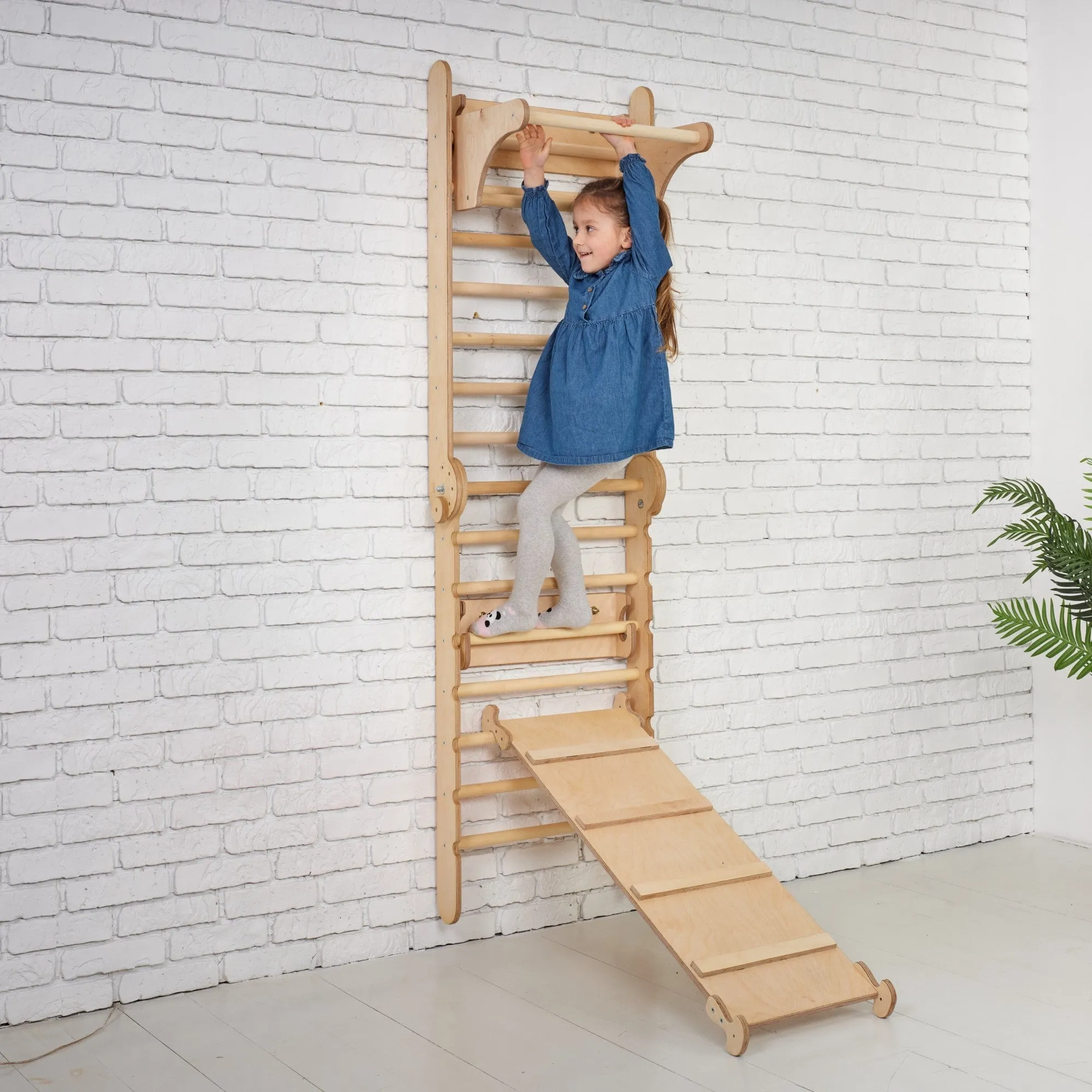 3in1: Wooden Swedish Wall / Climbing ladder for Children   Swing Set   Slide Board