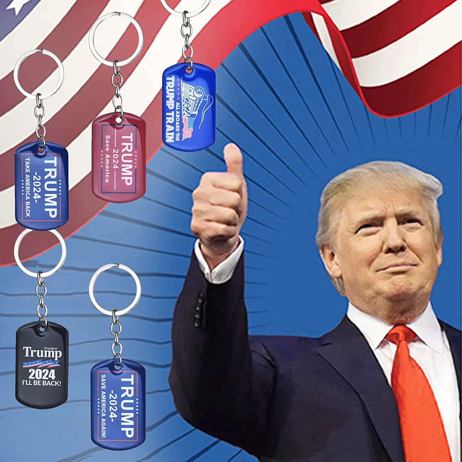 5 Pack Trump 2024 Keychains "Trump 2024 I'll be Back" "Trump 2024 Save American Again" "Trump 2024 Take American Back"