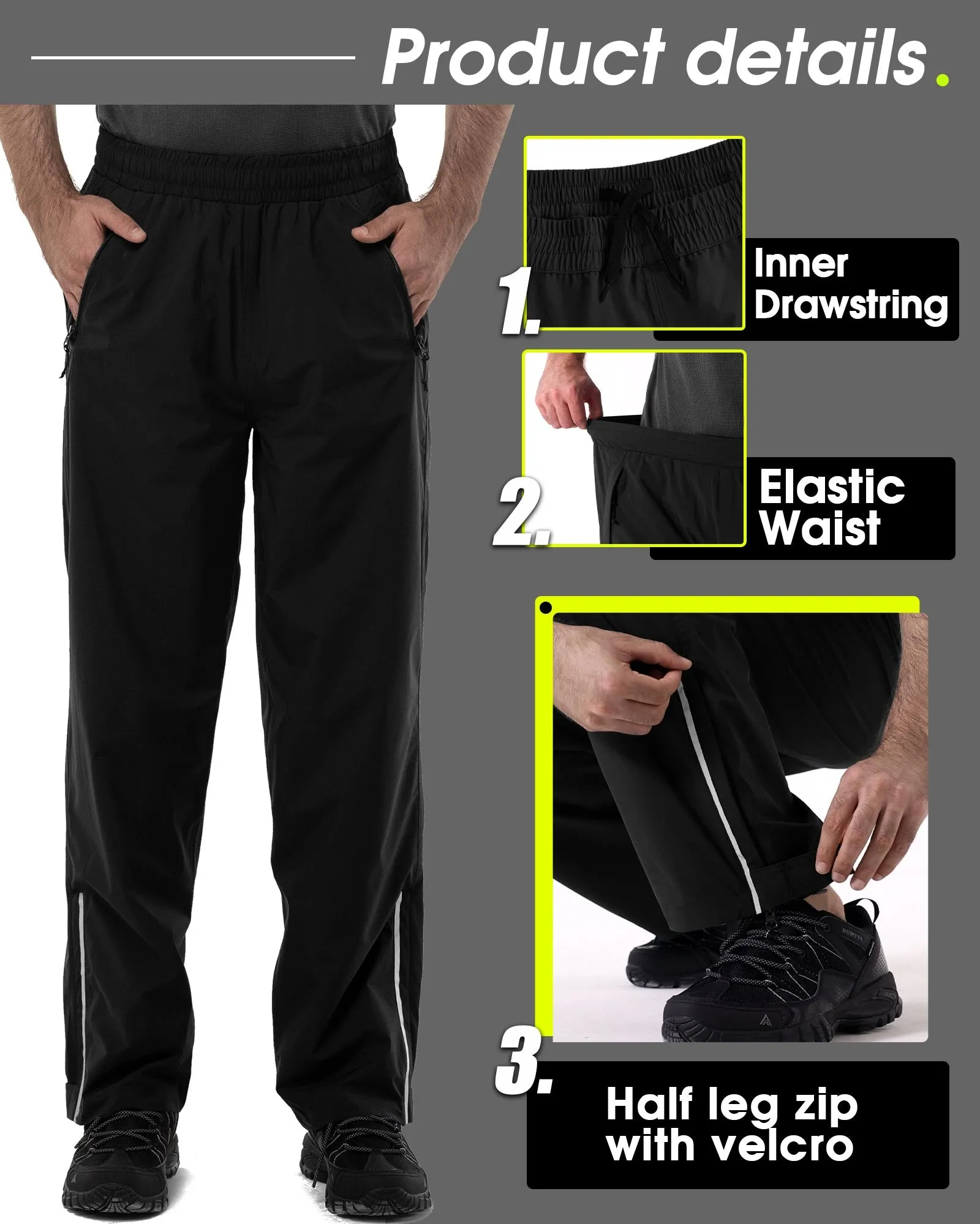 5000mm W/P Index 3000 Level Breathable Men's Rain Pant with 3 Pockets and Reflective Design