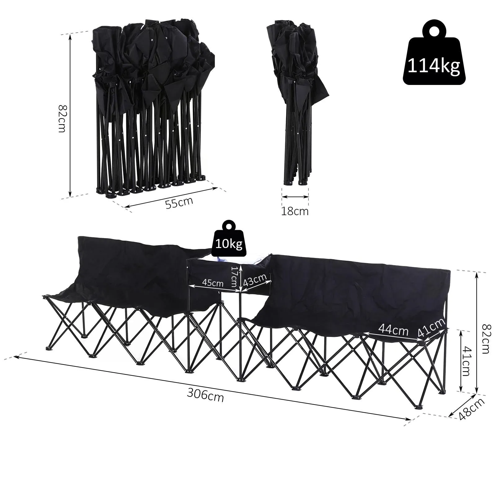 6-Seater Folding Steel Camping Bench w/ Cooler Bag Black