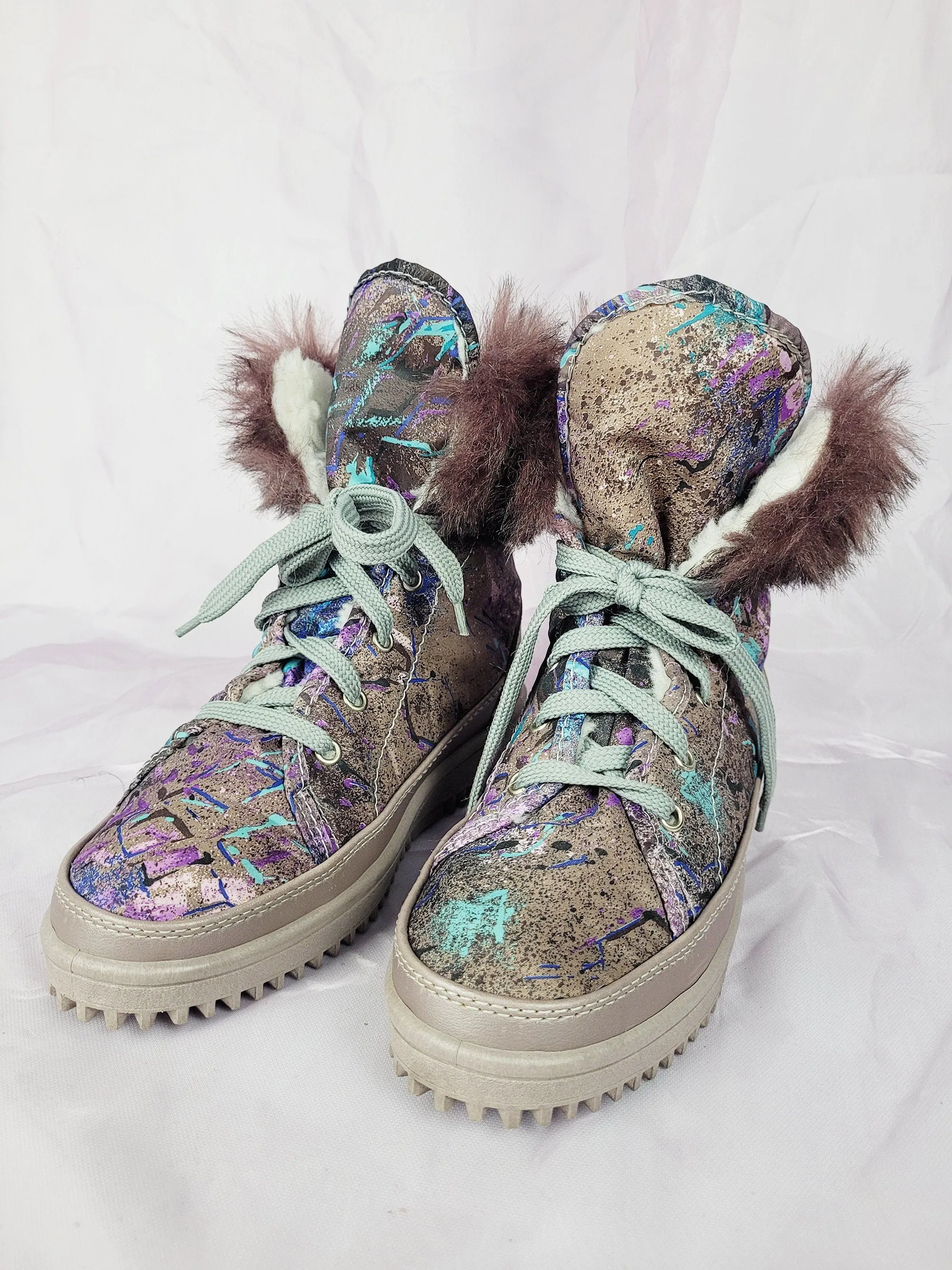 90s vintage purple abstract print furry winter ankle shoes