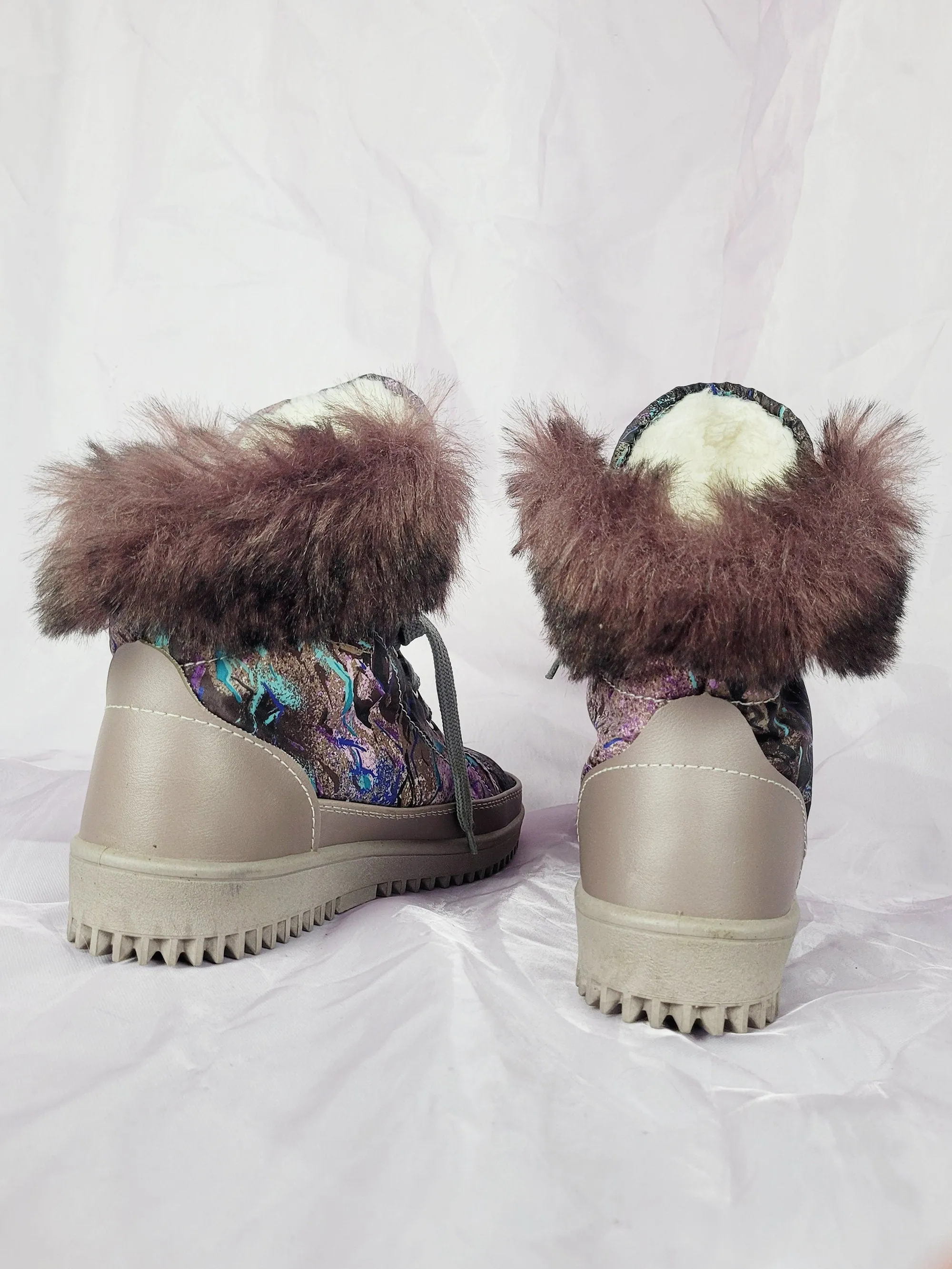 90s vintage purple abstract print furry winter ankle shoes