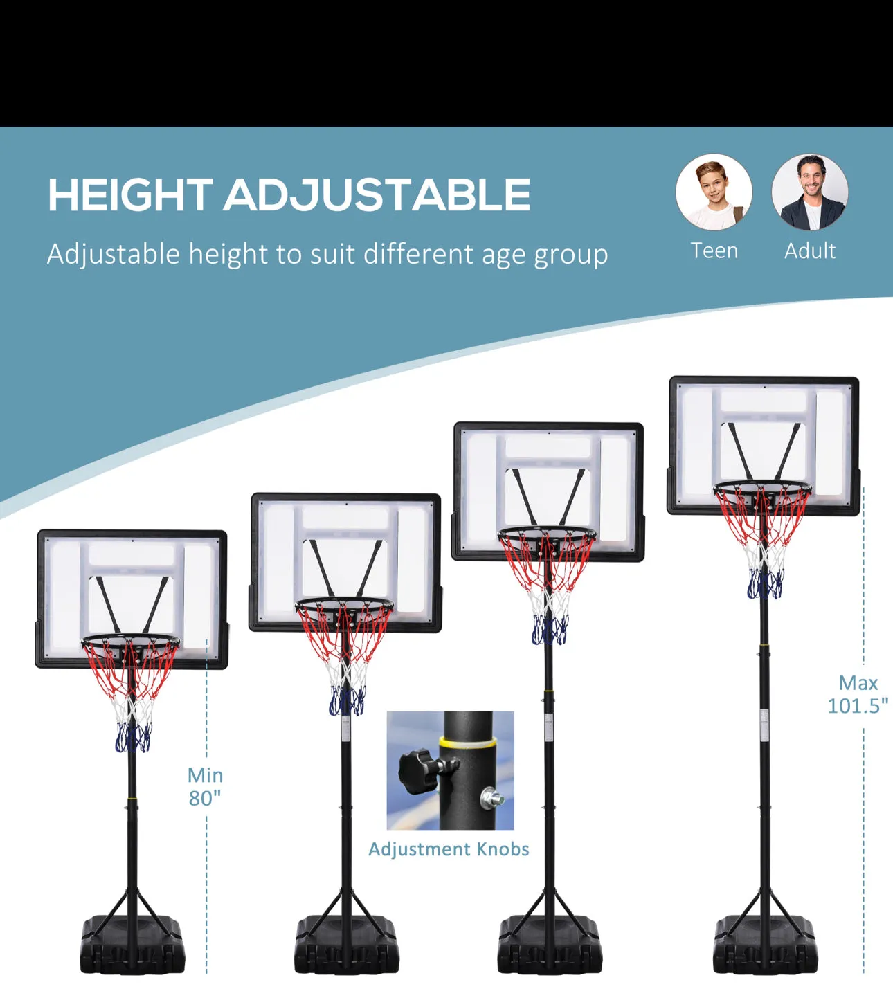 Adjustable 5-6.5 Feet Heavy Duty Basketball Hoop Net With Stand / Wheels For Kids | Age Group 3-12 Approx