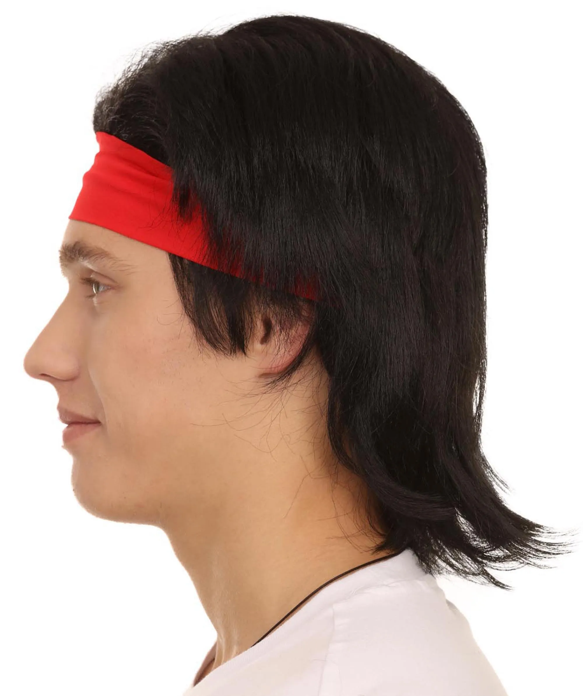 Adult Men's 12" Inch Medium Length Halloween Cosplay Animated Video Game Retro Fighter of the Streets Wig, Synthetic Soft Fibers with Red Headband, | HPO