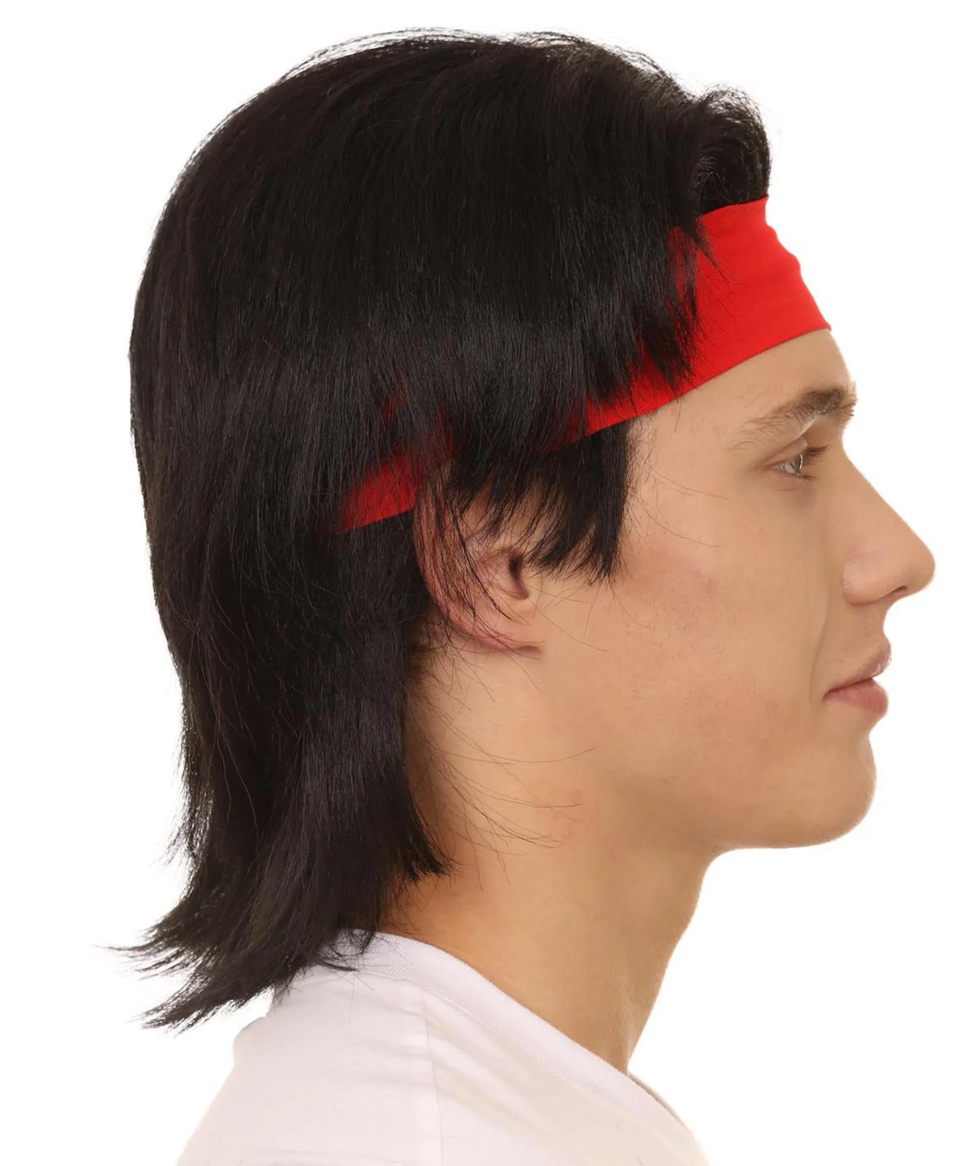 Adult Men's 12" Inch Medium Length Halloween Cosplay Animated Video Game Retro Fighter of the Streets Wig, Synthetic Soft Fibers with Red Headband, | HPO