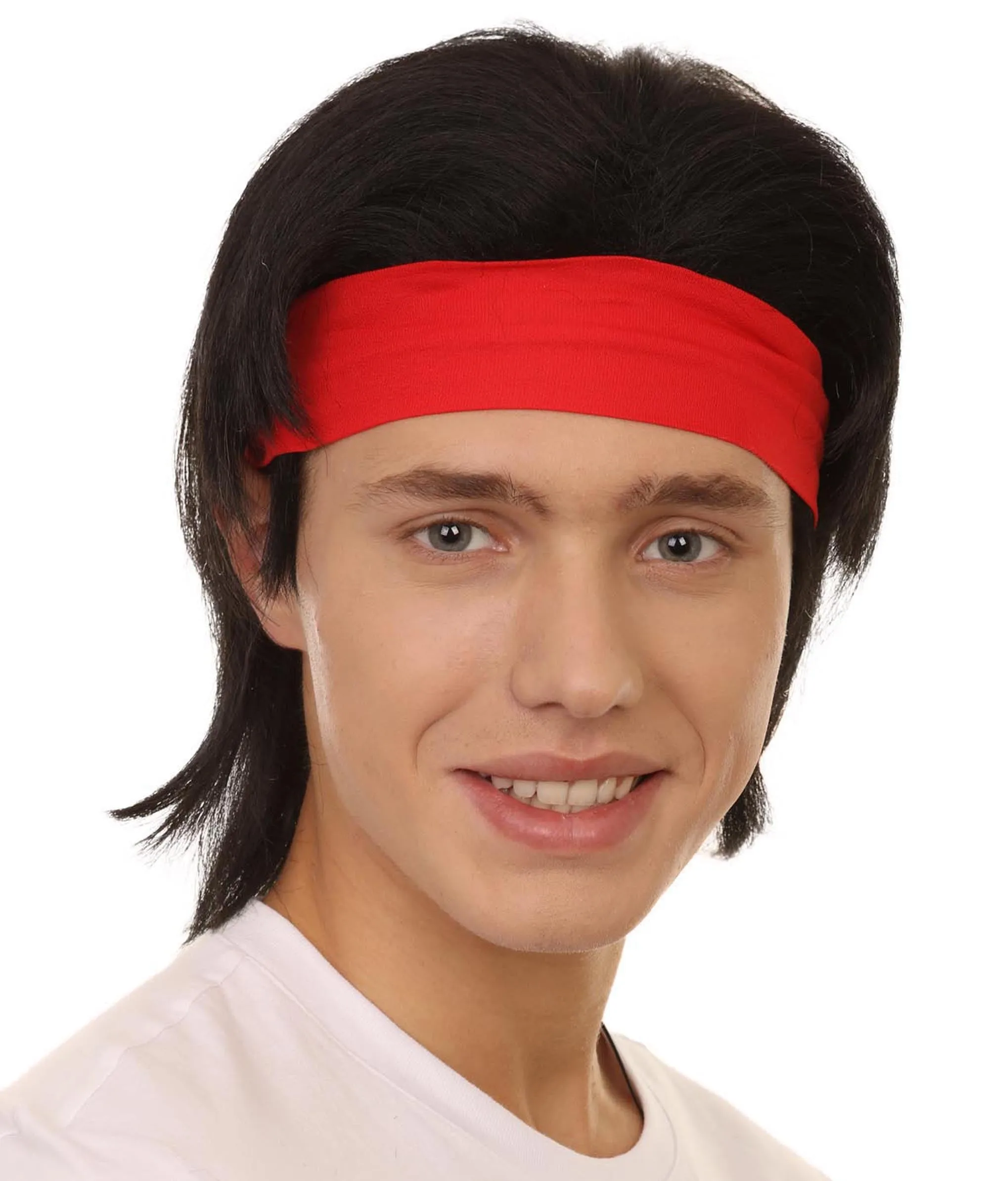 Adult Men's 12" Inch Medium Length Halloween Cosplay Animated Video Game Retro Fighter of the Streets Wig, Synthetic Soft Fibers with Red Headband, | HPO