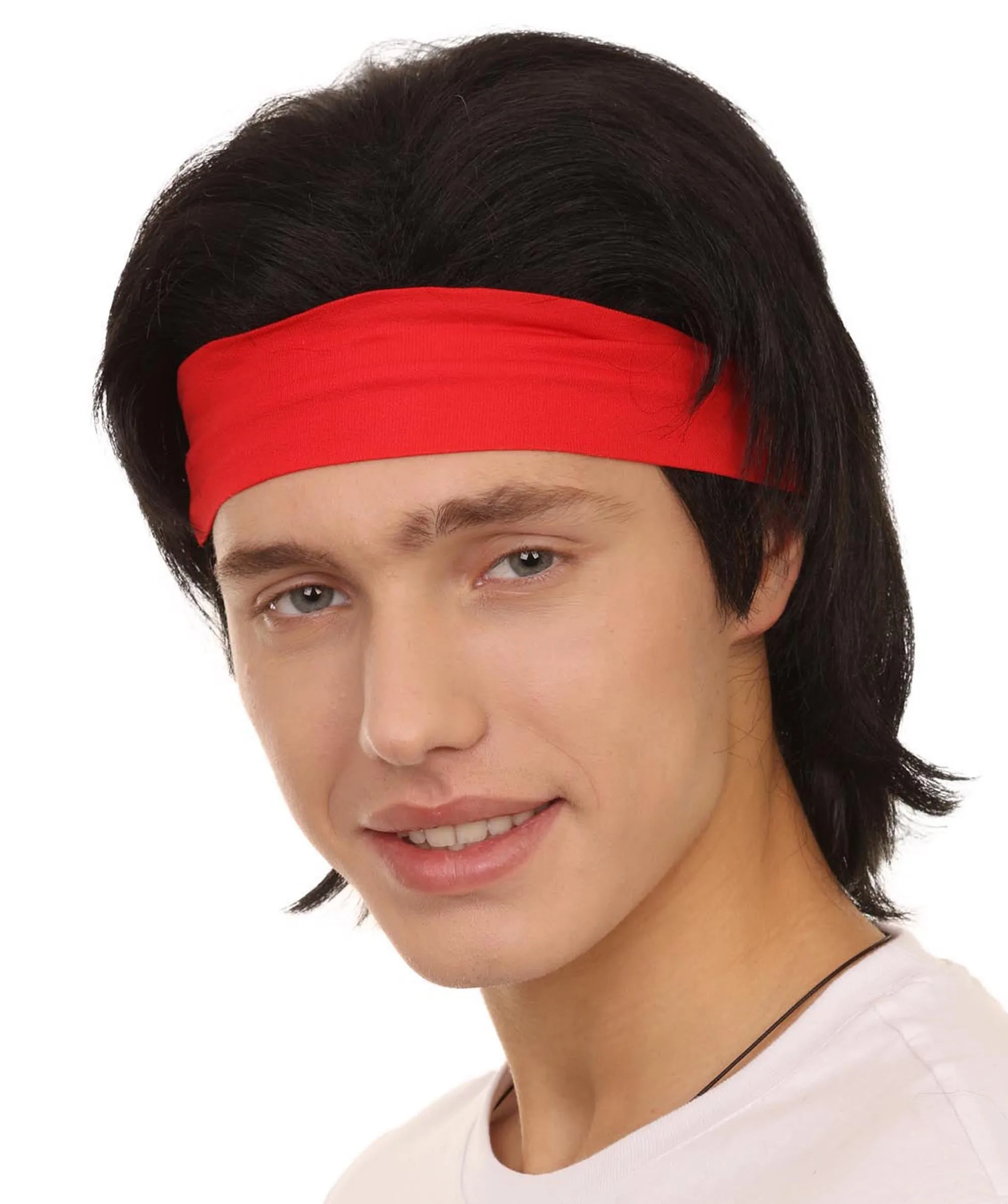 Adult Men's 12" Inch Medium Length Halloween Cosplay Animated Video Game Retro Fighter of the Streets Wig, Synthetic Soft Fibers with Red Headband, | HPO