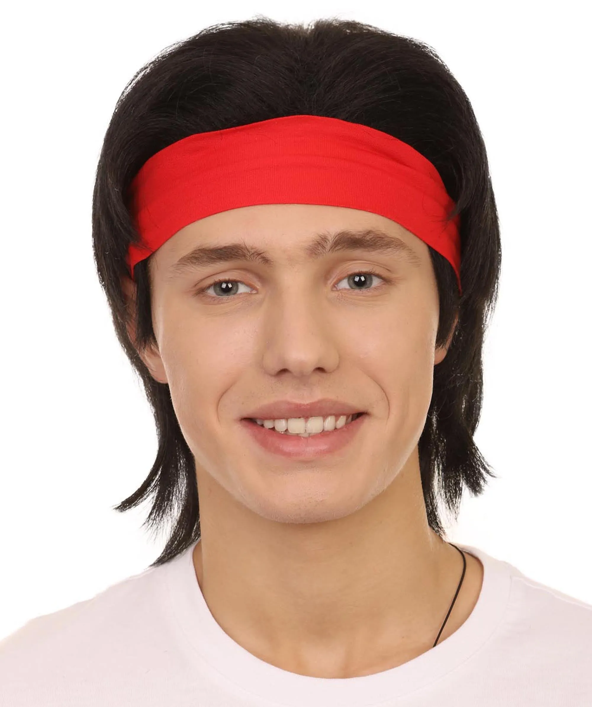 Adult Men's 12" Inch Medium Length Halloween Cosplay Animated Video Game Retro Fighter of the Streets Wig, Synthetic Soft Fibers with Red Headband, | HPO