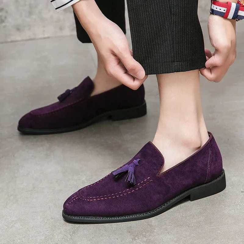 Advbridge  Brand Design Men Suede Leather Shoes Moccasins Purple Tassel Pointed Men's Loafers Vintage Slip-on Casual Men Social Dress Shoe