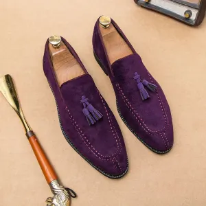 Advbridge  Brand Design Men Suede Leather Shoes Moccasins Purple Tassel Pointed Men's Loafers Vintage Slip-on Casual Men Social Dress Shoe