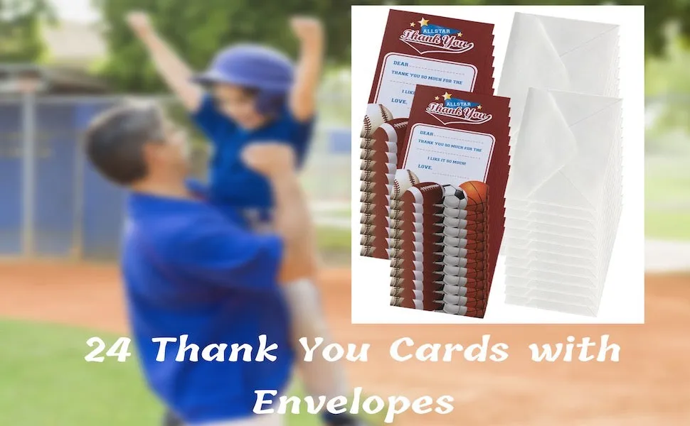 ALAZCO 24 Fill in the Blank Thank You Post Cards with Envelopes – Easy & Fun Gender Neutral Sports Themed All Star Thank You Notes For Boys or Girls Baseball Basketball Soccer Football