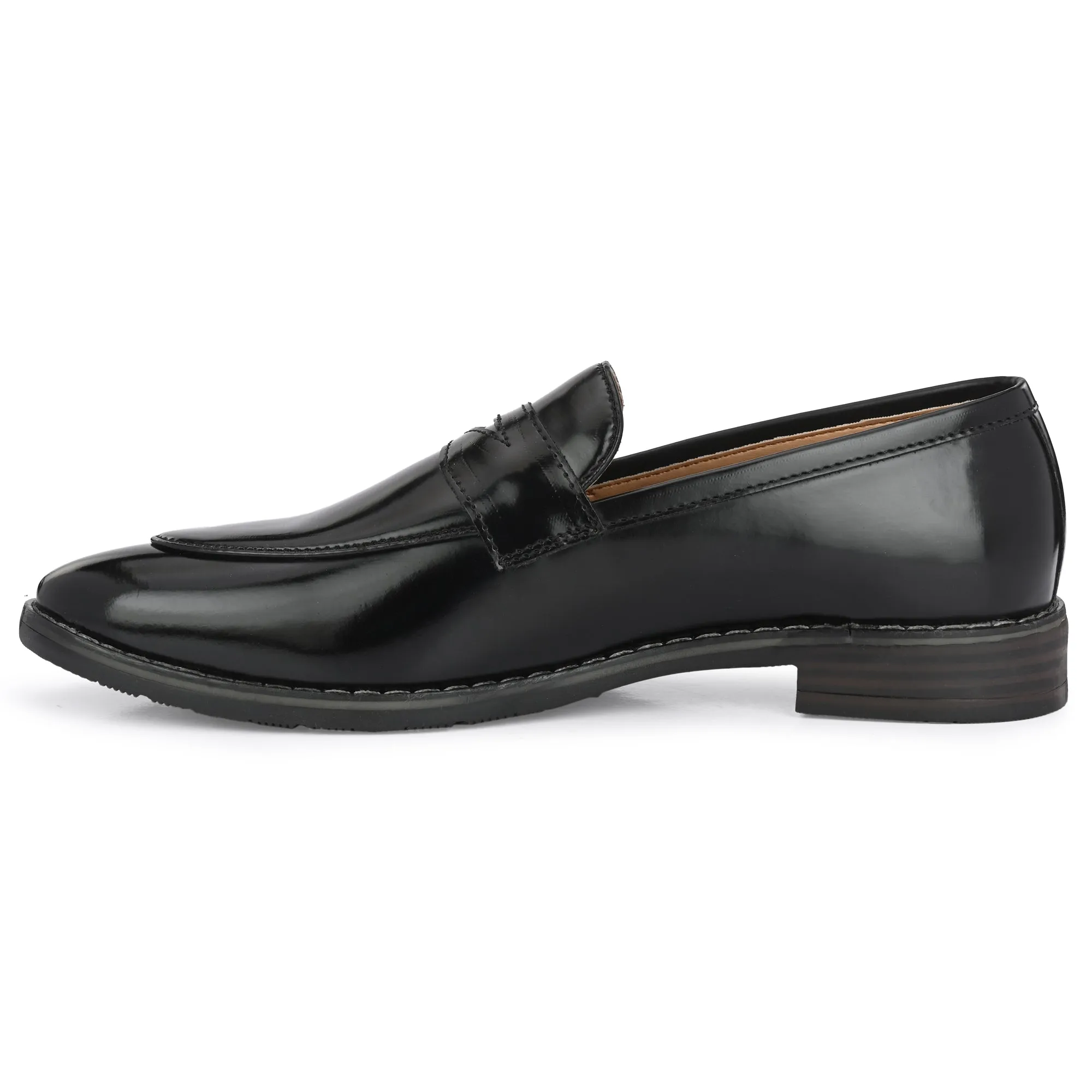 Attitudist Unisex Handcrafted Glossy Black Penny Loafer With Double Stitched Welts