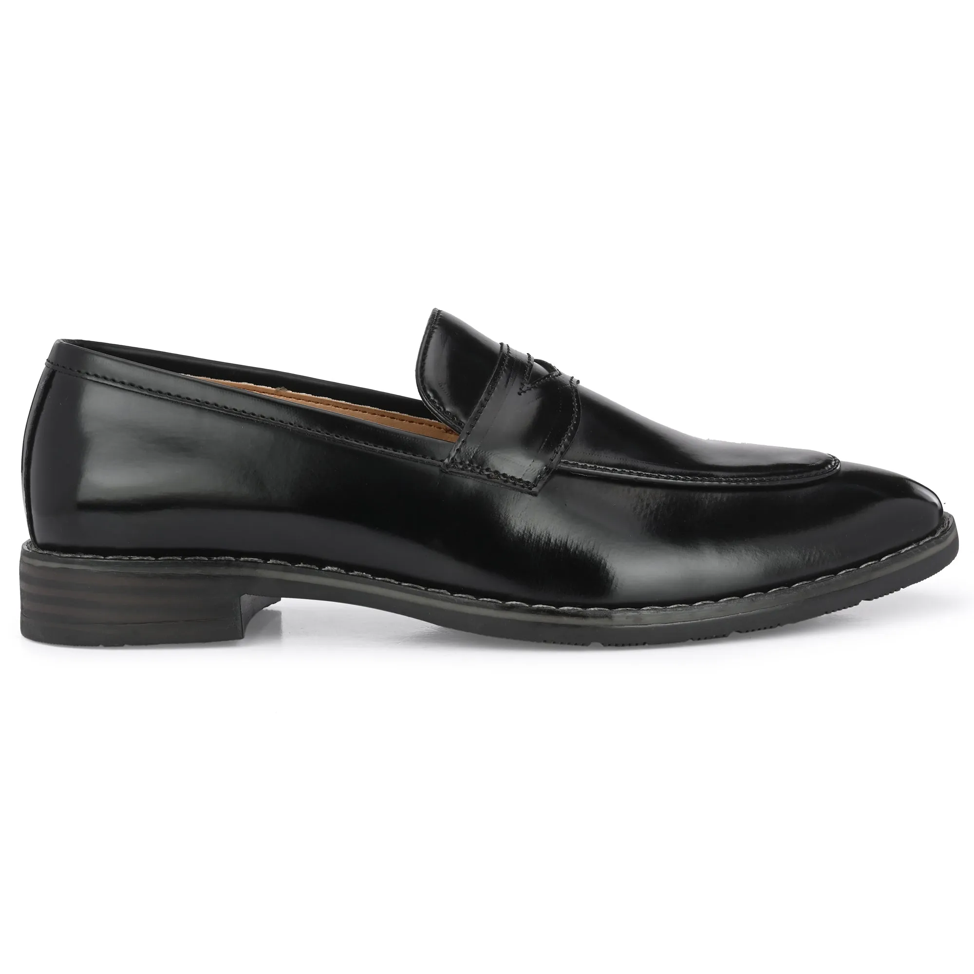 Attitudist Unisex Handcrafted Glossy Black Penny Loafer With Double Stitched Welts