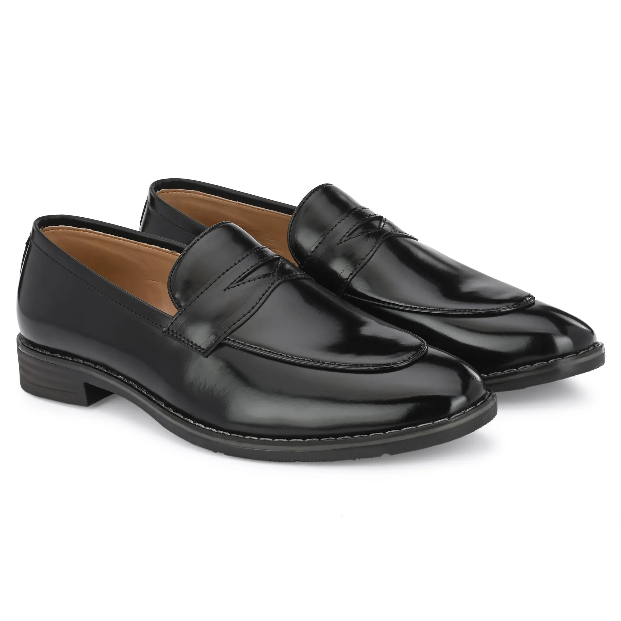 Attitudist Unisex Handcrafted Glossy Black Penny Loafer With Double Stitched Welts