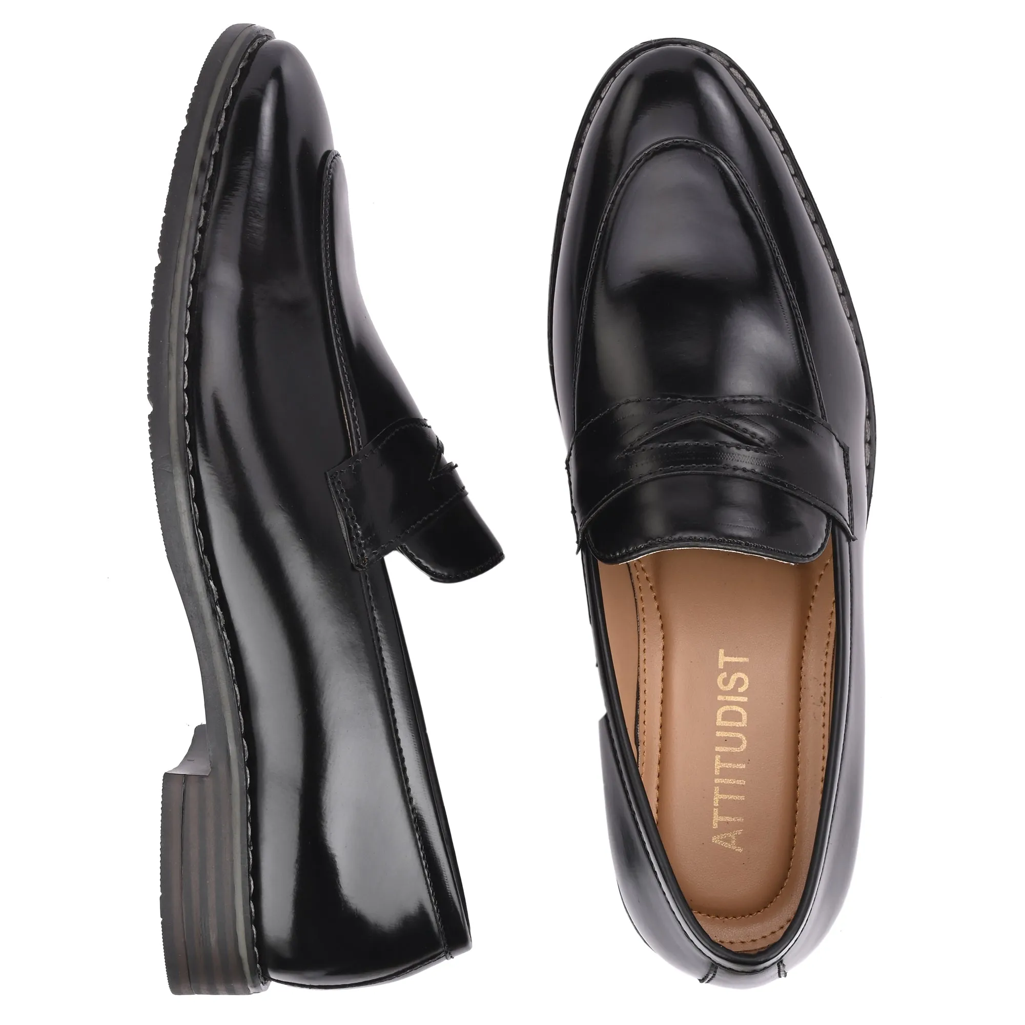 Attitudist Unisex Handcrafted Glossy Black Penny Loafer With Double Stitched Welts