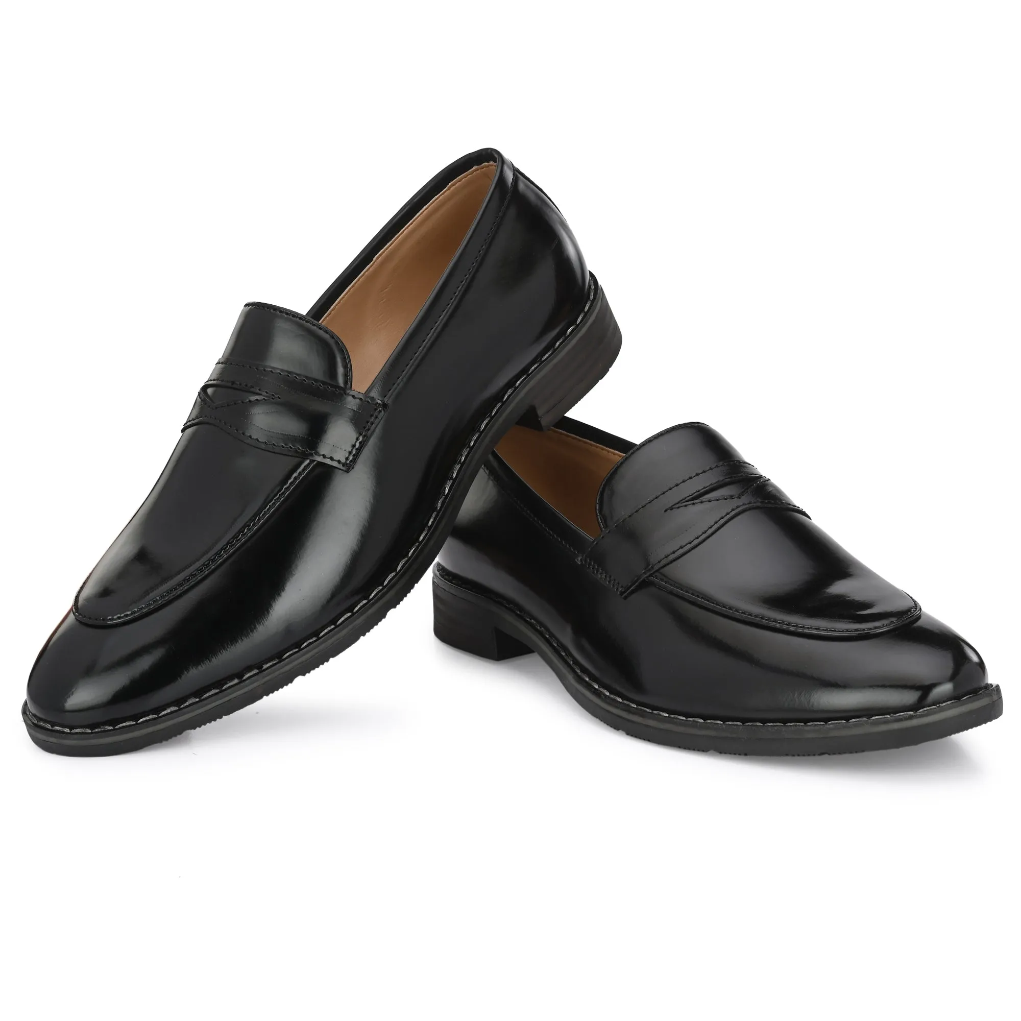 Attitudist Unisex Handcrafted Glossy Black Penny Loafer With Double Stitched Welts