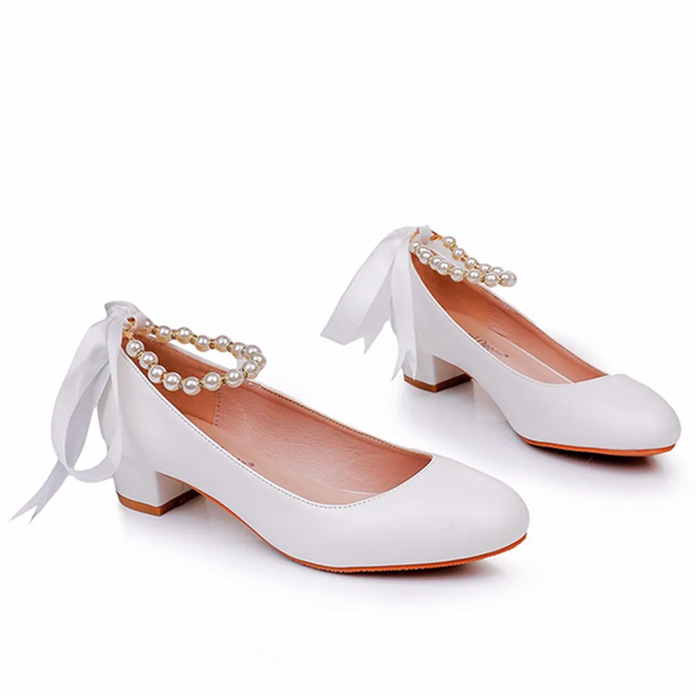 Beaded Ribbons Chunky Heels Round Toe Wedding Shoes