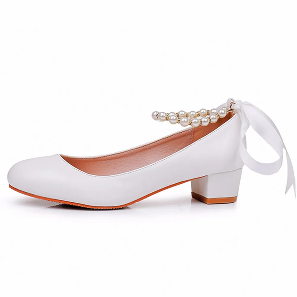 Beaded Ribbons Chunky Heels Round Toe Wedding Shoes