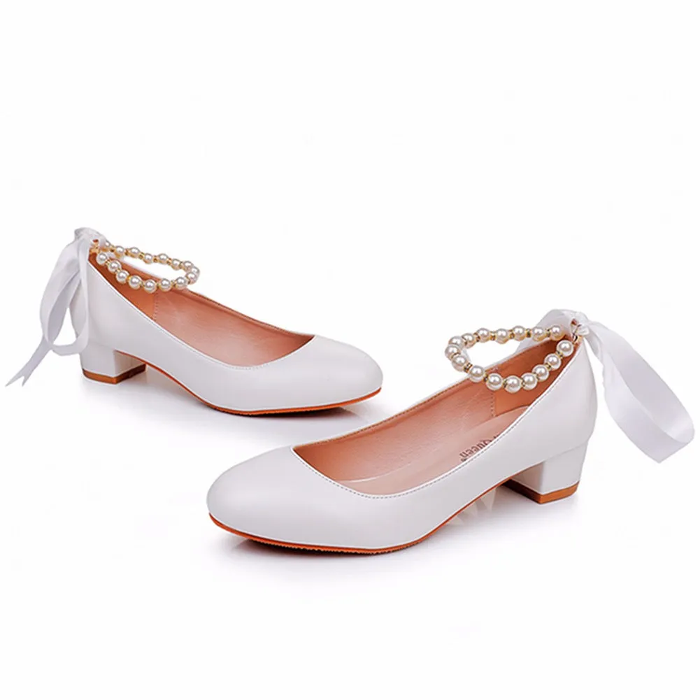 Beaded Ribbons Chunky Heels Round Toe Wedding Shoes