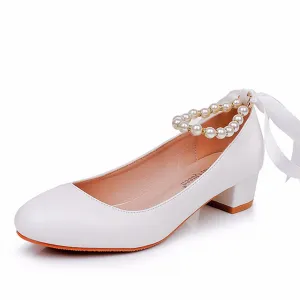 Beaded Ribbons Chunky Heels Round Toe Wedding Shoes