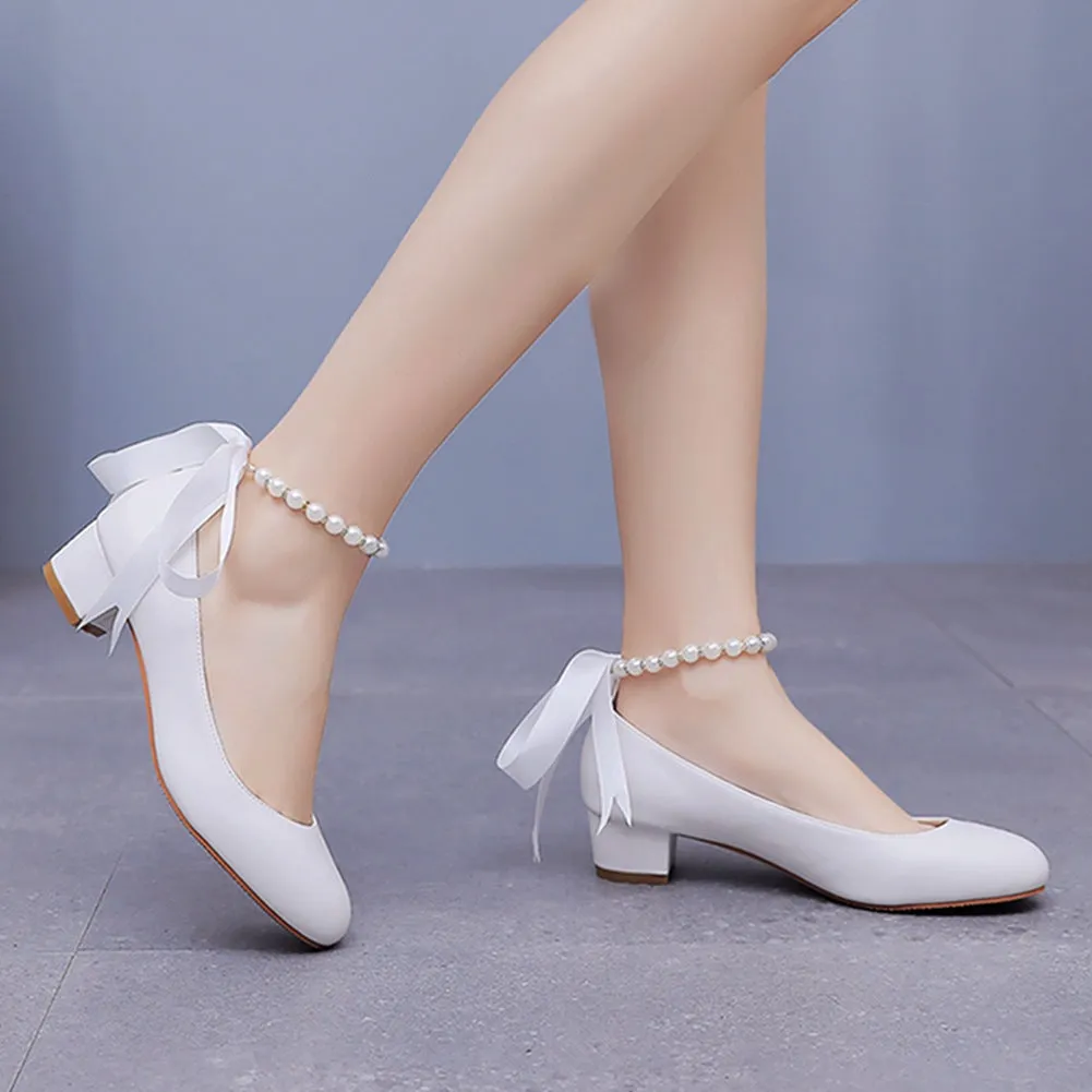 Beaded Ribbons Chunky Heels Round Toe Wedding Shoes