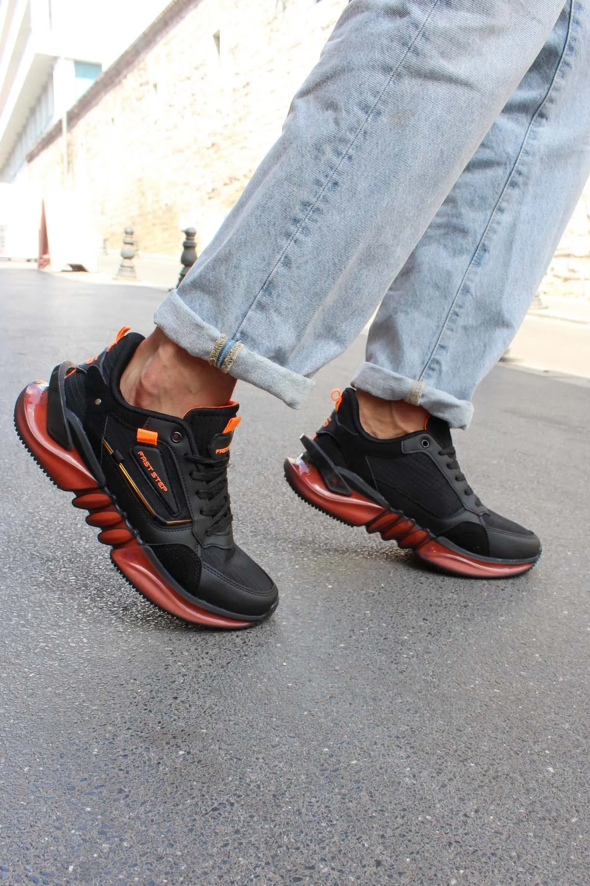 Black and Orange Athletic Sneakers with Mesh Upper - Wessi