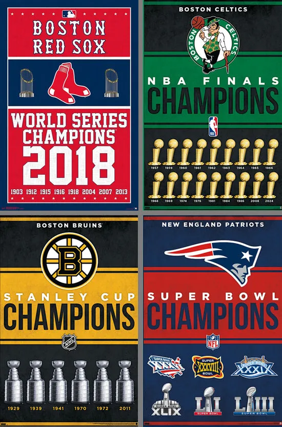 COMBO: Boston Sports Championship Years 4-Poster Set (Bruins, Patriots, Celtics, Red Sox)