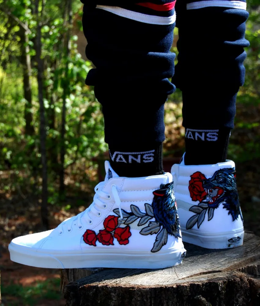 Custom Embroidered Wolf Rose Vans Sneakers Shoes – White