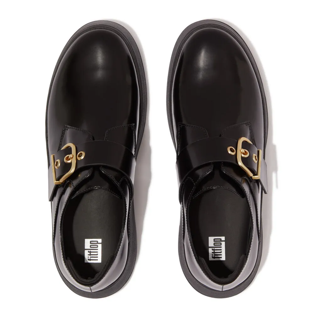 Fitflop F-Mode Box-Leather Flatform Monk Strap Shoes Black