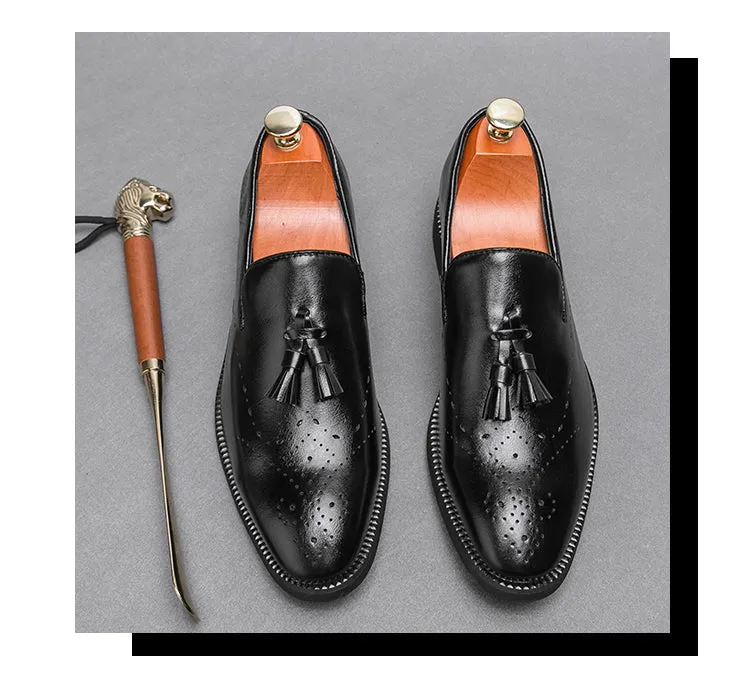 Genuine Leather Loafers Shoes Outdoor Pointed Tassel Casual Carved Leather Shoes | 8739