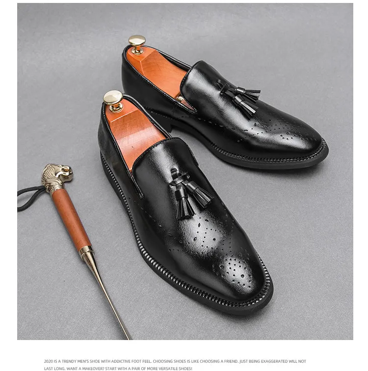 Genuine Leather Loafers Shoes Outdoor Pointed Tassel Casual Carved Leather Shoes | 8739