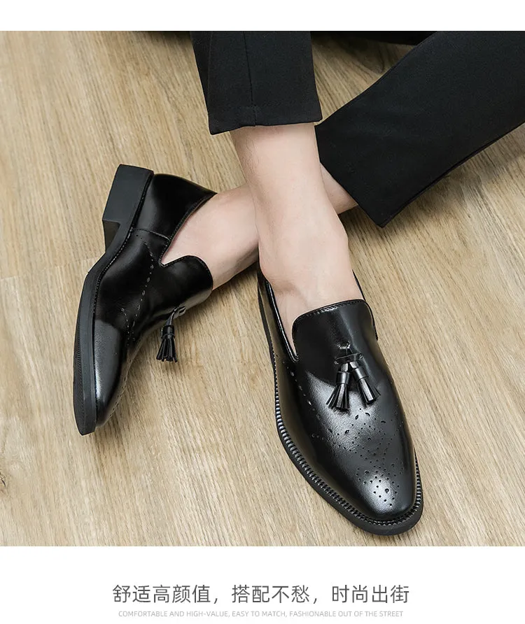 Genuine Leather Loafers Shoes Outdoor Pointed Tassel Casual Carved Leather Shoes | 8739