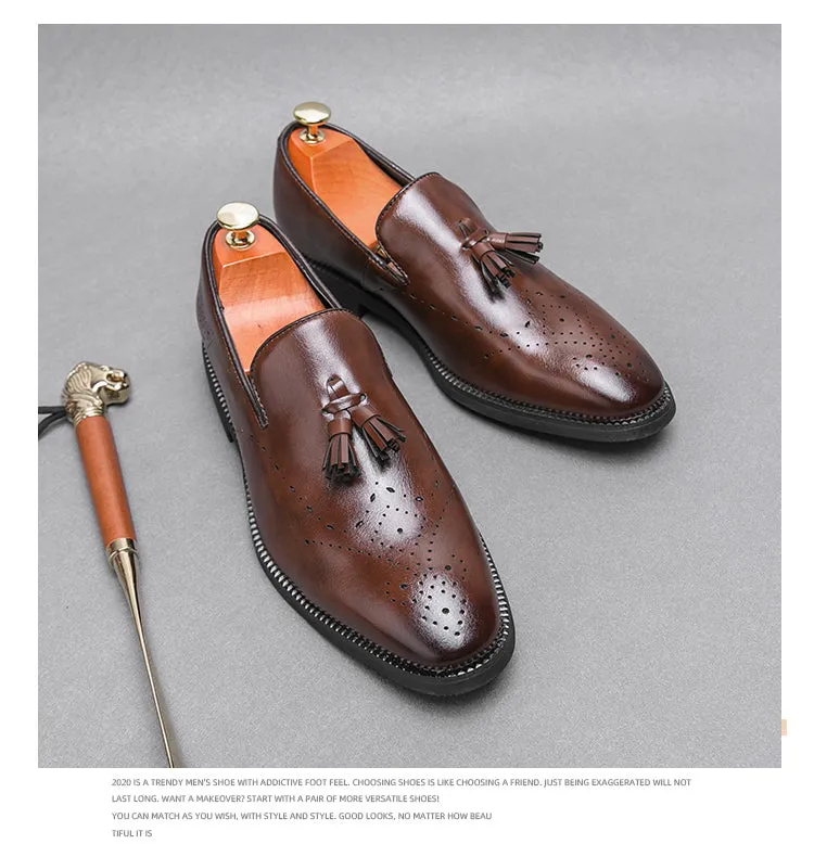 Genuine Leather Loafers Shoes Outdoor Pointed Tassel Casual Carved Leather Shoes | 8739