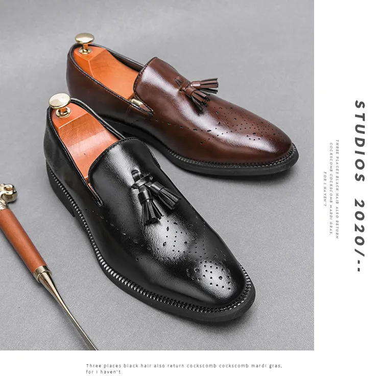 Genuine Leather Loafers Shoes Outdoor Pointed Tassel Casual Carved Leather Shoes | 8739