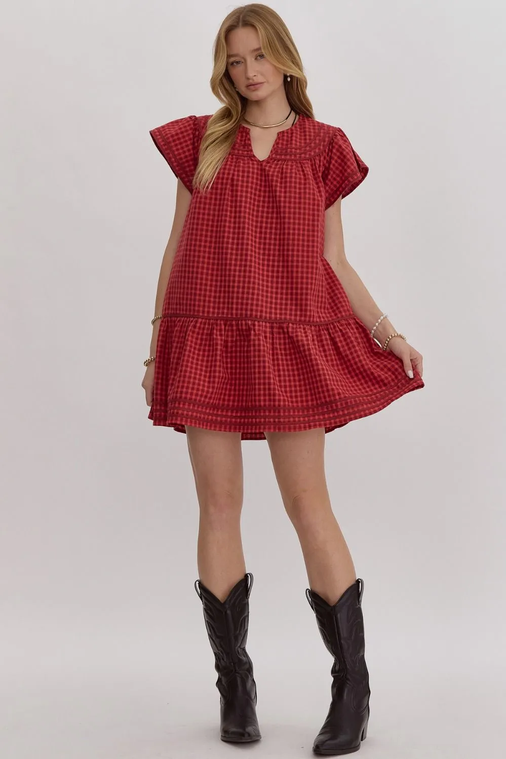 Gingham Dress with Trim-Red