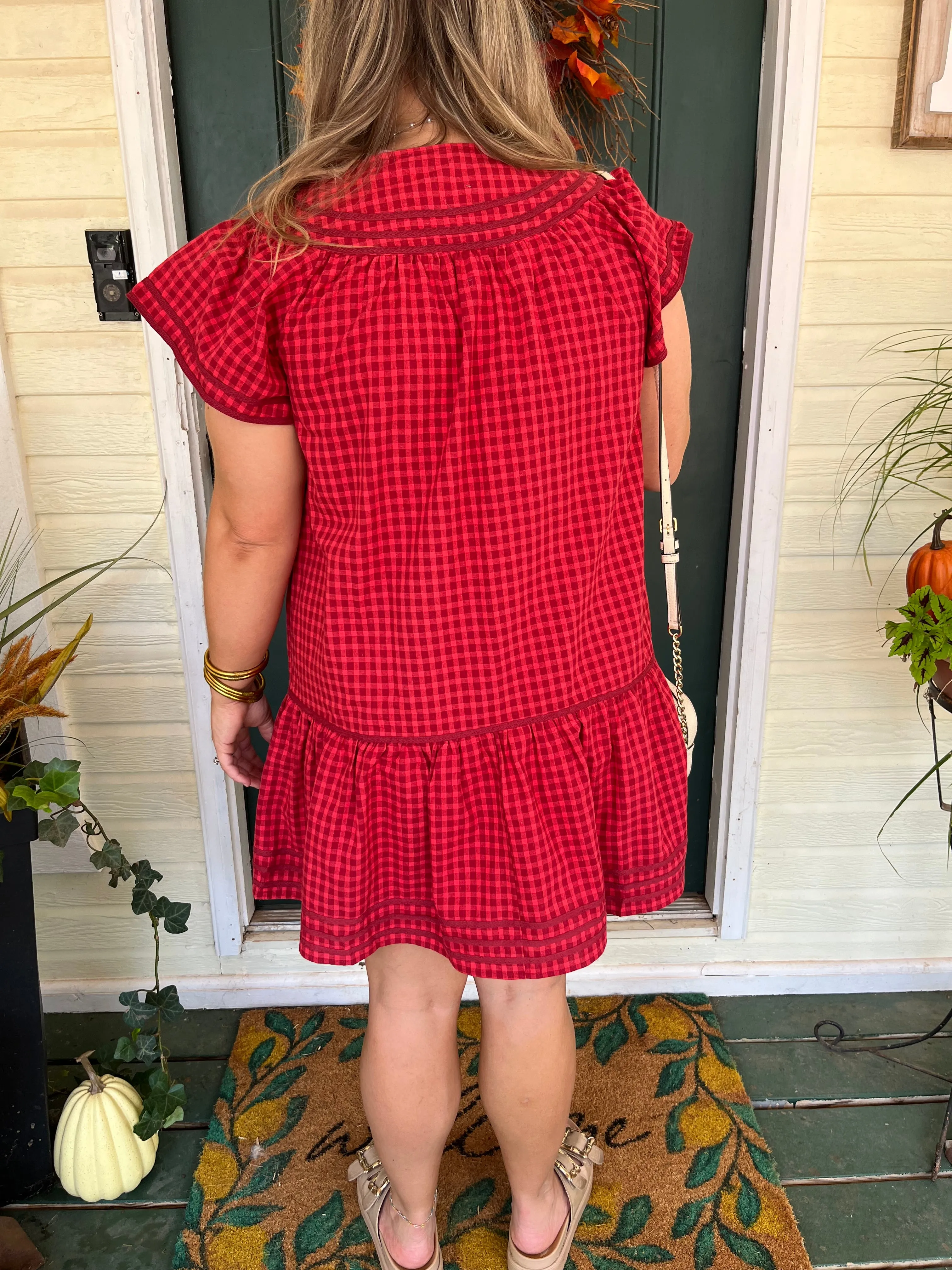 Gingham Dress with Trim-Red