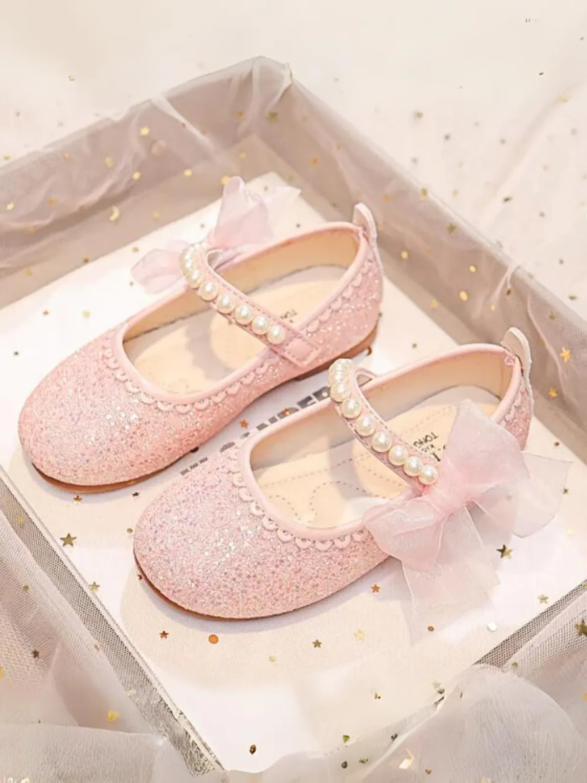 Girls Glitter Pearl Bow Shoes by Liv and Mia