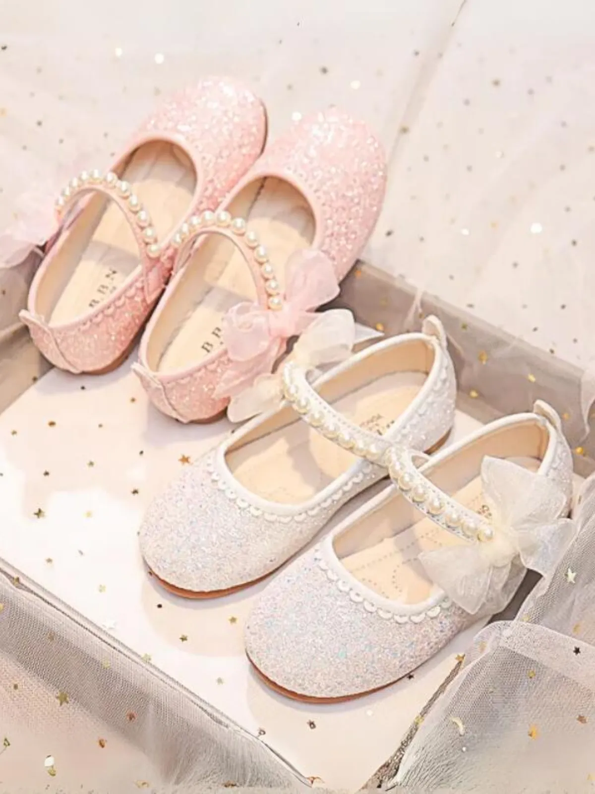 Girls Glitter Pearl Bow Shoes by Liv and Mia