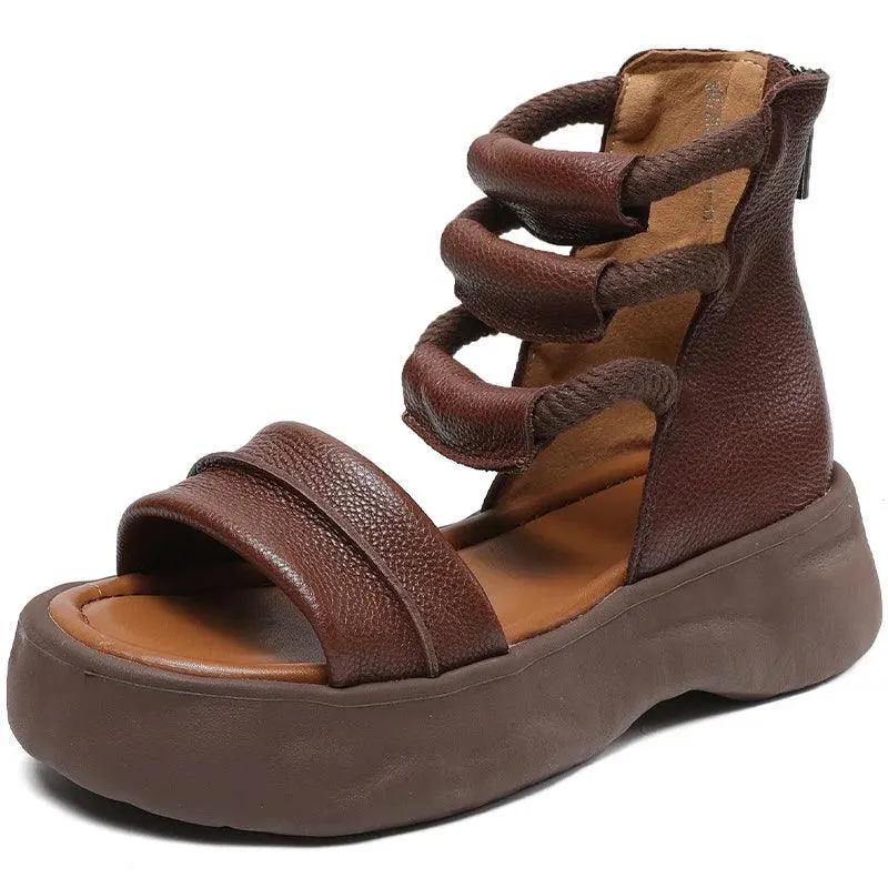 GO1244 Women's Casual Shoes: Handmade Leather Thick-soled Sandal Boots