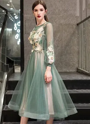 Green Round Neckline Tea Length Floral Wedding Party Dress, Green Prom Dress