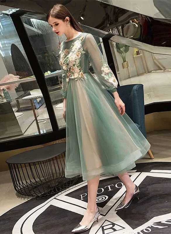 Green Round Neckline Tea Length Floral Wedding Party Dress, Green Prom Dress