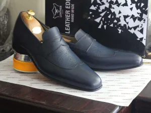 Handmade Navy Blue Penny Loafers Leather Shoes For Men's