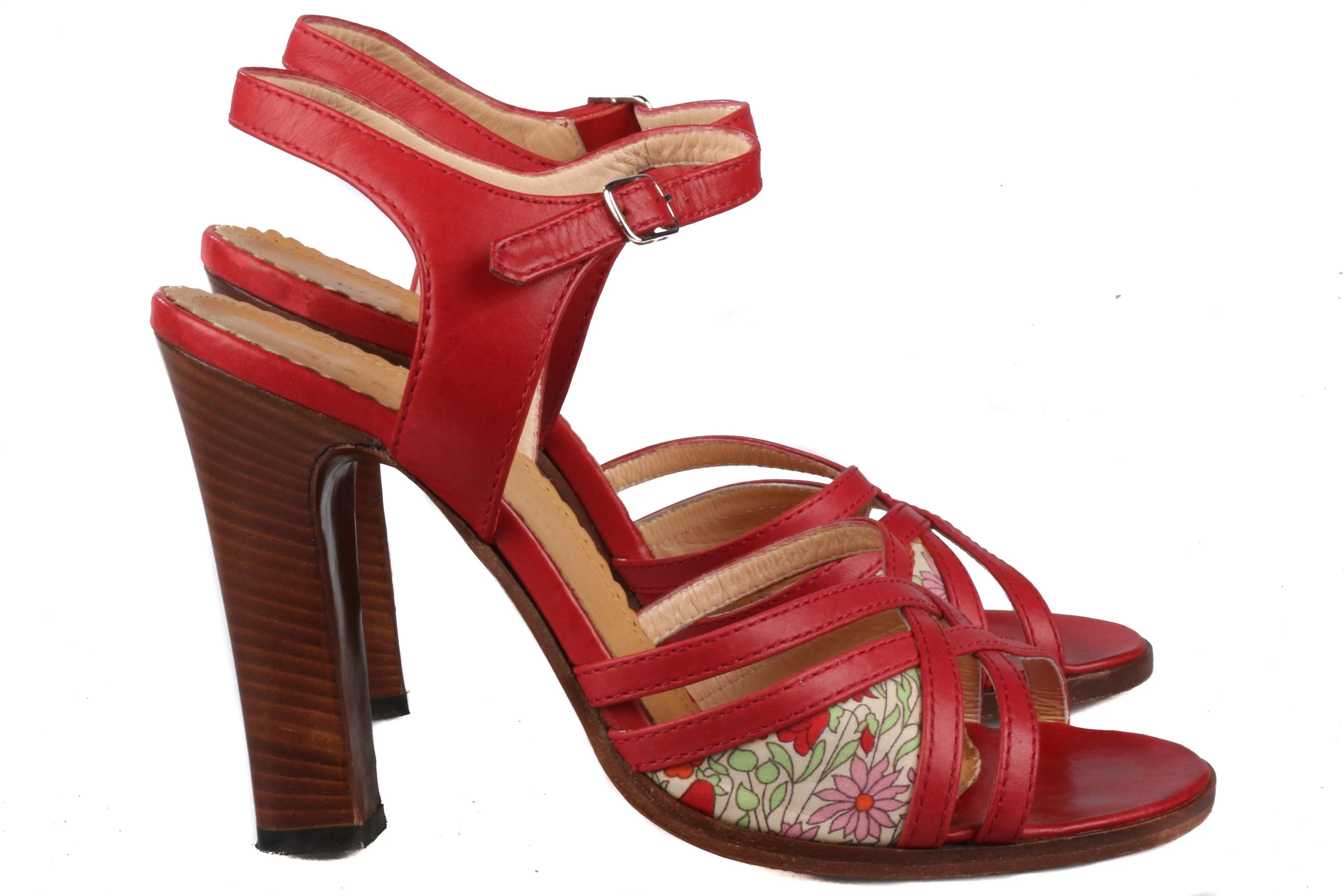 Marc Jacobs Red Leather Heeled Sandal Open Toe and Ankle Strap with Floral Details size 39