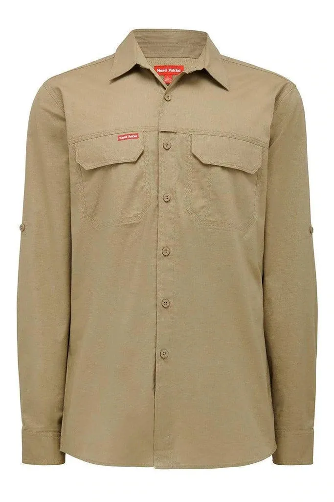 Mens Hard Yakka Flex Ripstop Long Sleeve Shirt Work Wear Khaki Y04305