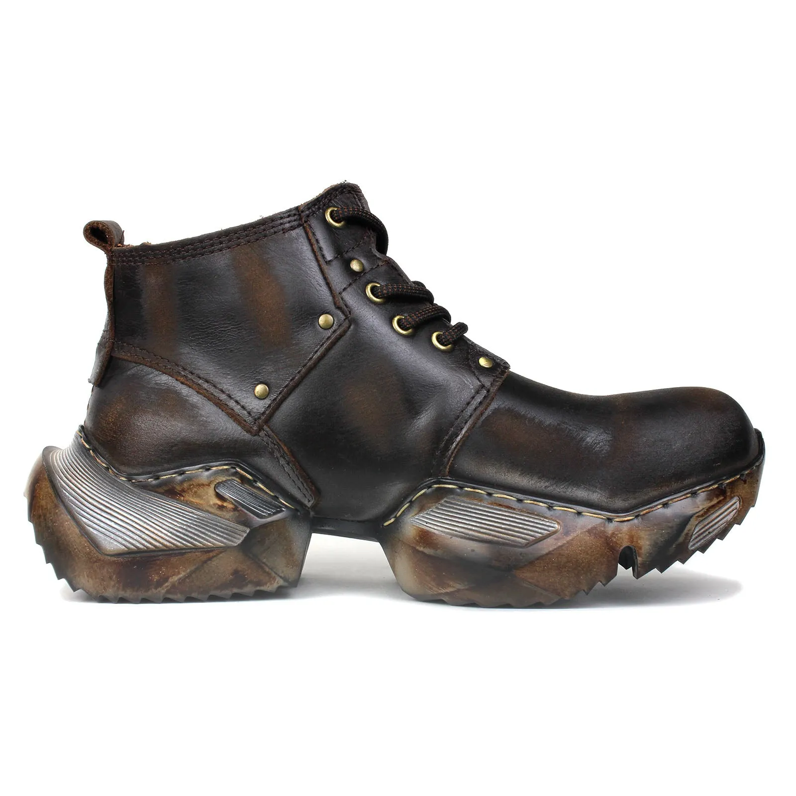 Men's Leather athletic walking Moto Boots OS-5008-S-3 Retro Darkbrown