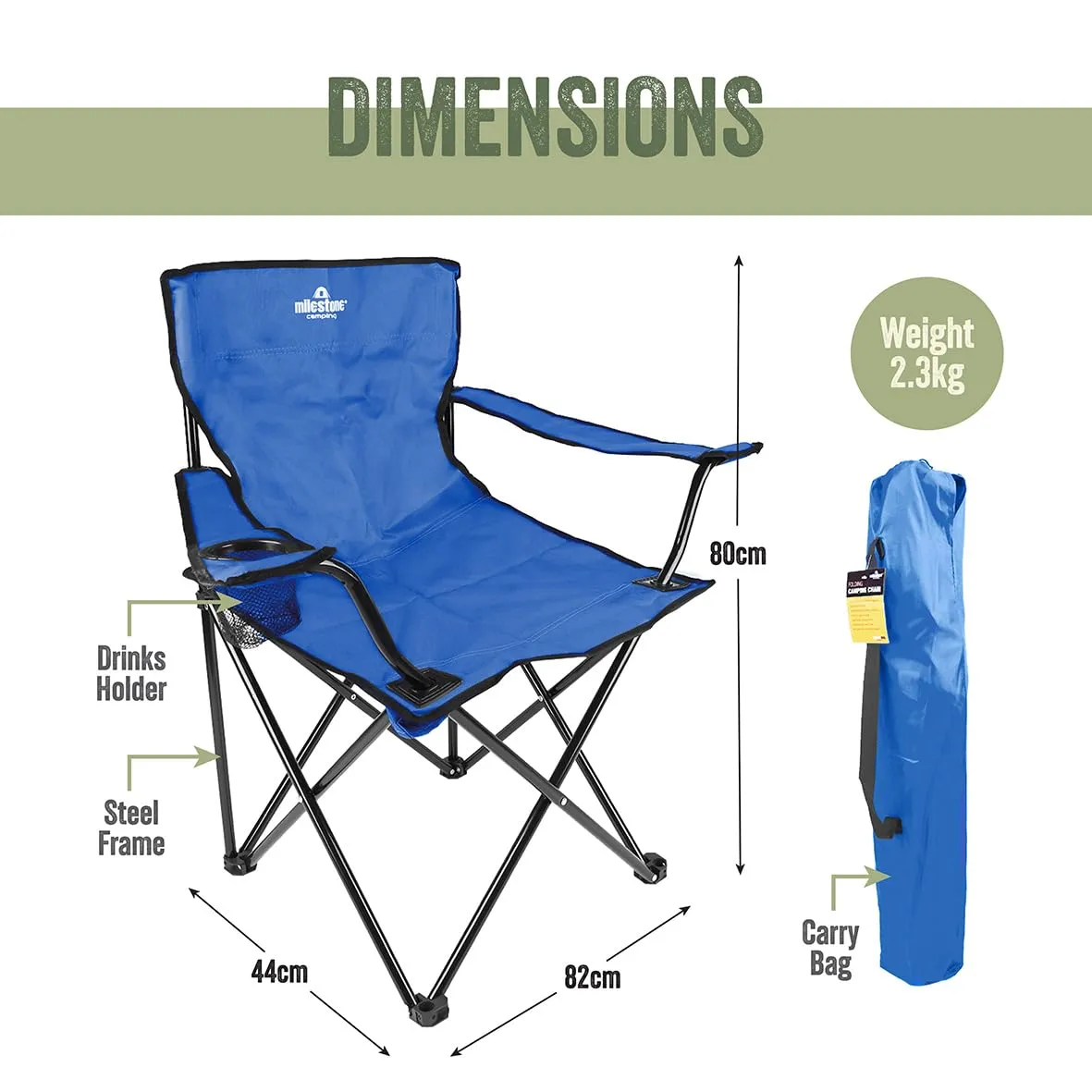 Milestone Camping 20399 Folding Camping Chair with Cup Holder & Storage Bag/Portable Travel Chair/Folds Flat to Store / H80 x W83 x D50cm / Blue Colour